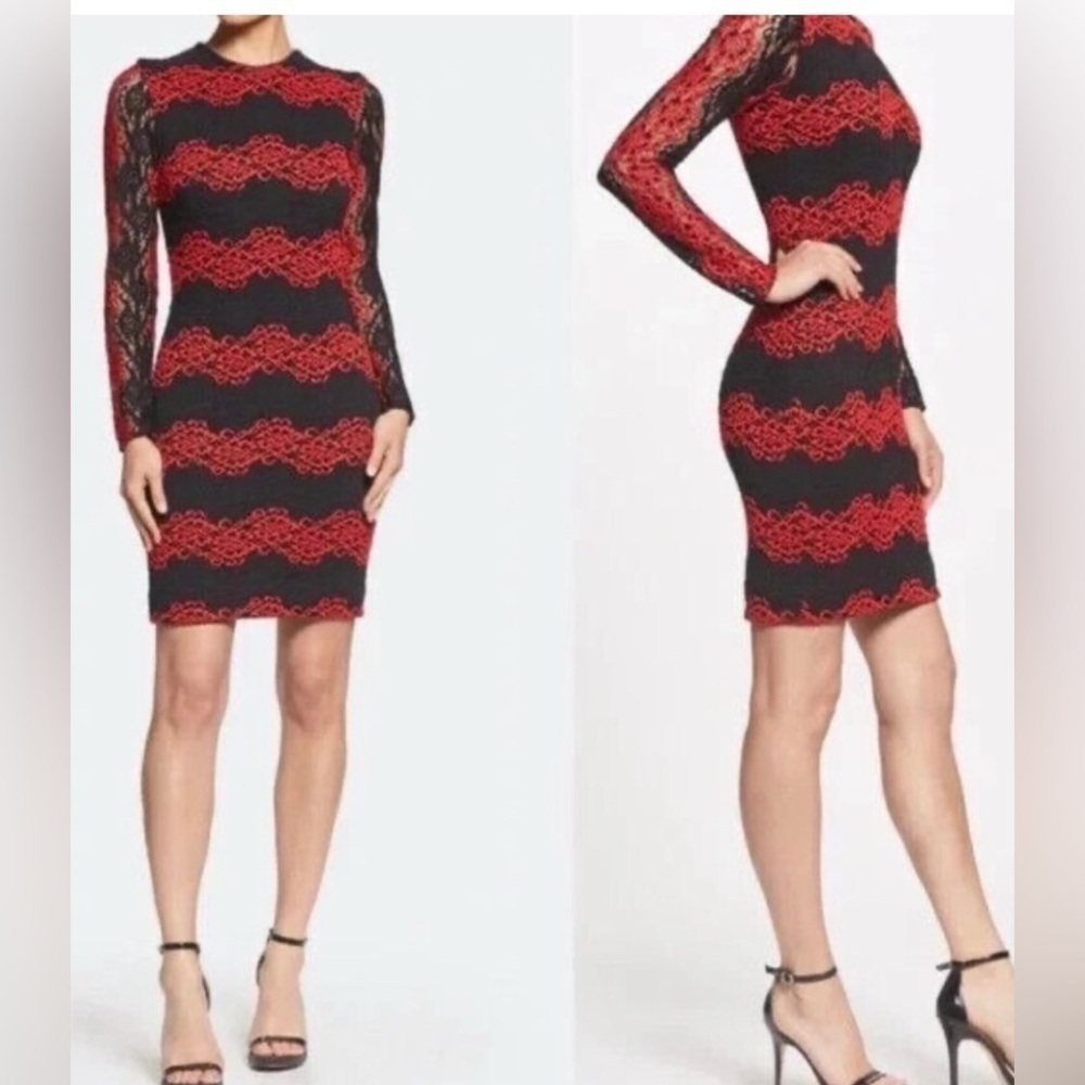 Dress the Population Morgan Red & Black Lace Bodycon Dress Women's Size L